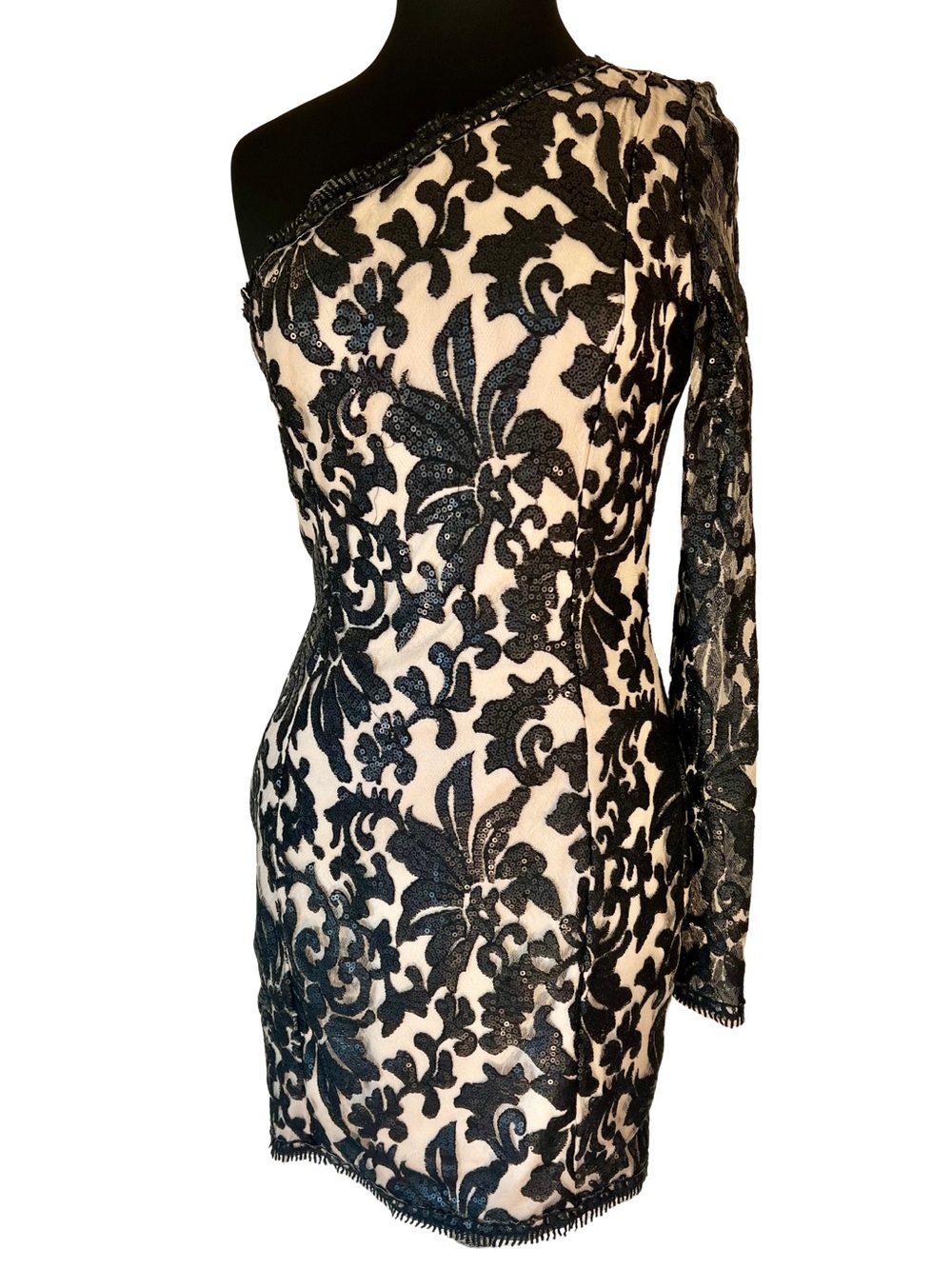 NWOT Black Lace Sequin Illusion One-Shoulder Cocktail Dress